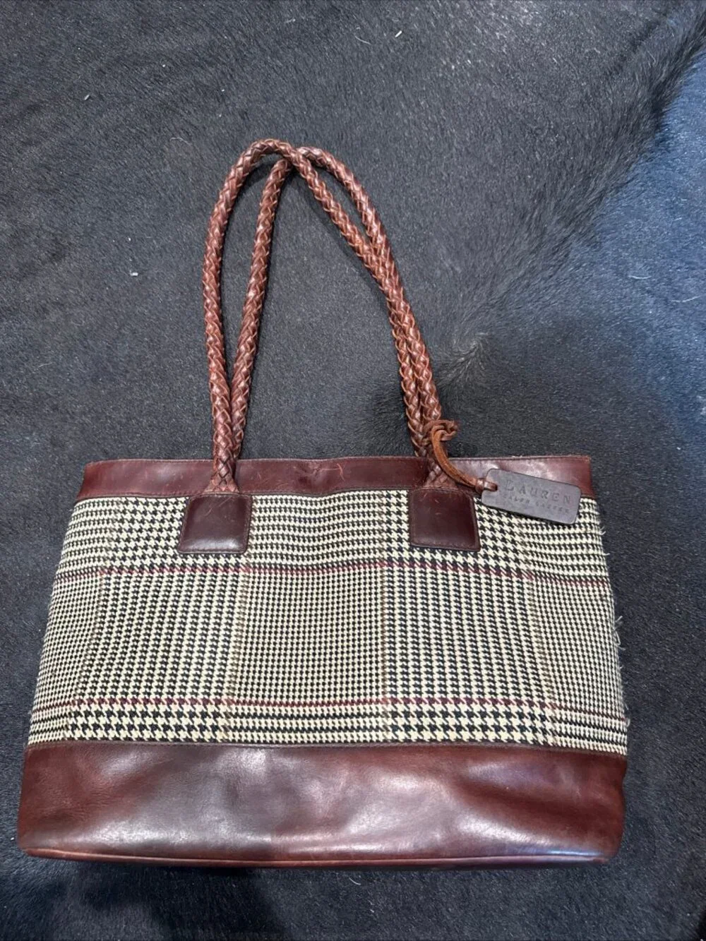 Lauren Ralph Lauren Genuine Leather Houndstooth Shoulder Bag Limited Edition
